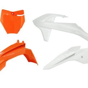 PLASTIC KIT/4 WHITE/ORANGE, KTM 50 SX 2016-23, SX-E 20-24, RTECH R-KITKTM-AR4-050